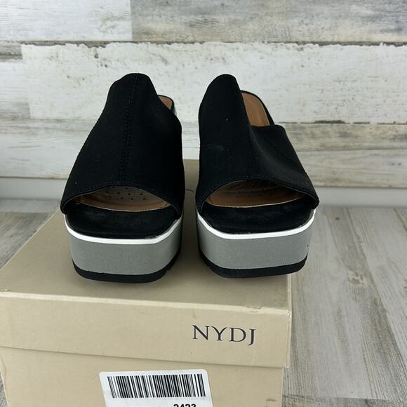 NYDJ Womens 8.5 Rysa Black Canvas Gray Fabric Platform Wedge Sandals Slip-On new - Picture 2 of 10